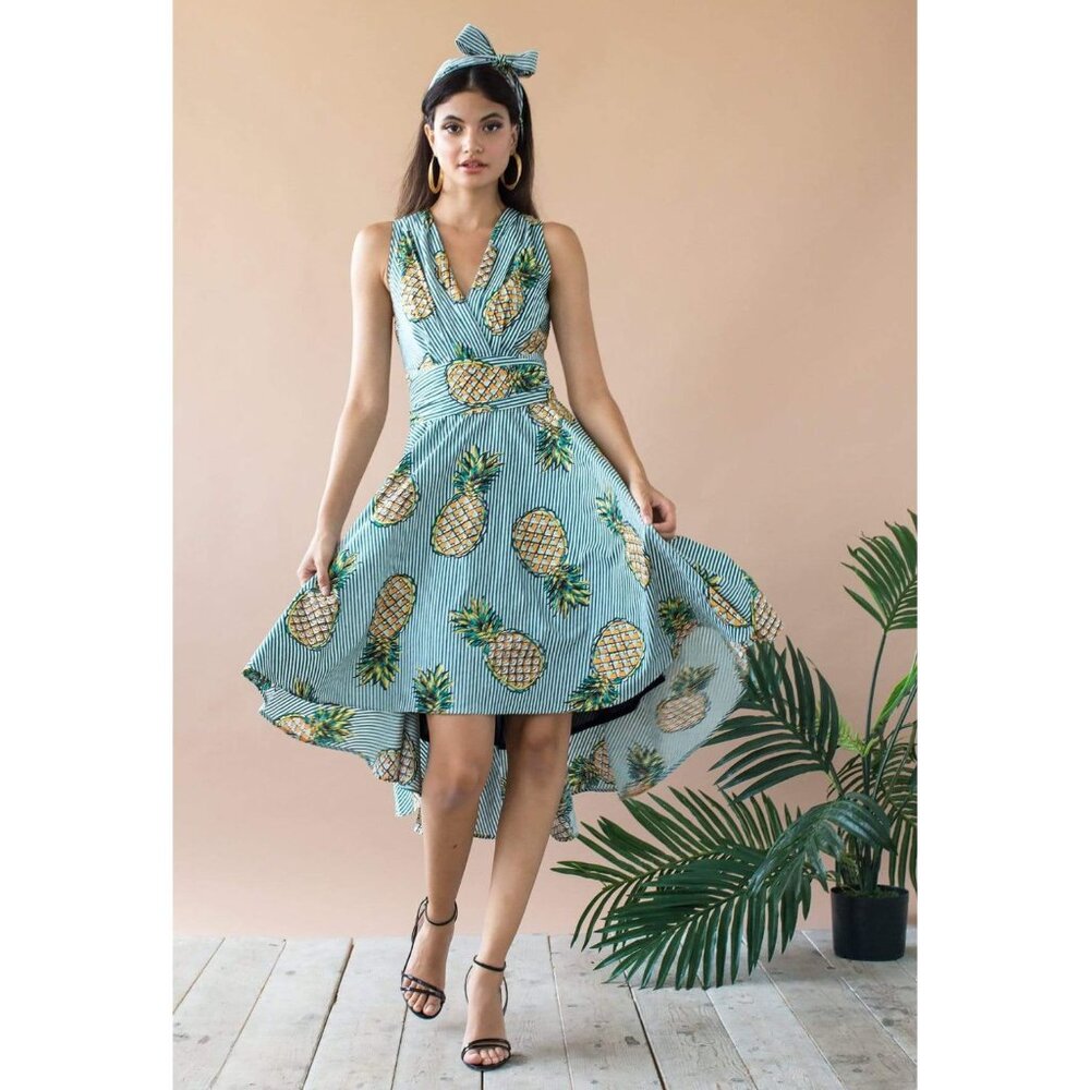 Eva Franco Anthropologie Cotton Midi Sleeveless Summer Dress with Pineapples